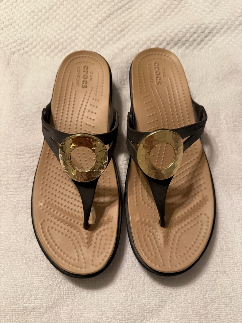 CROCS Women's Black Thong Sandal with Tan Footbed and Gold Accent